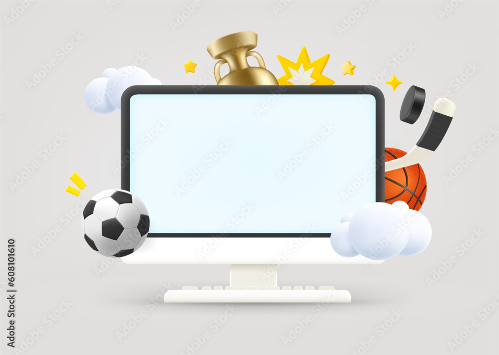 Poster Computer monitor with sports elements and blank screen. 3d vector illustration
 