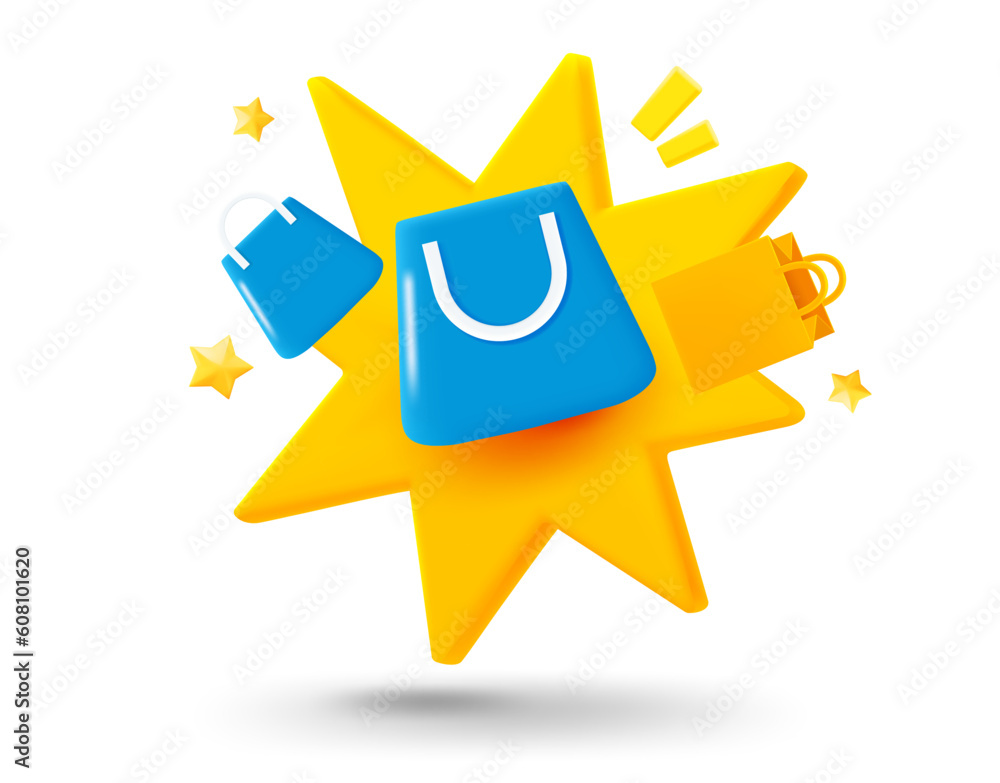 Poster Shopping bags with explosion effect. 3d vector mobile application icon with notification