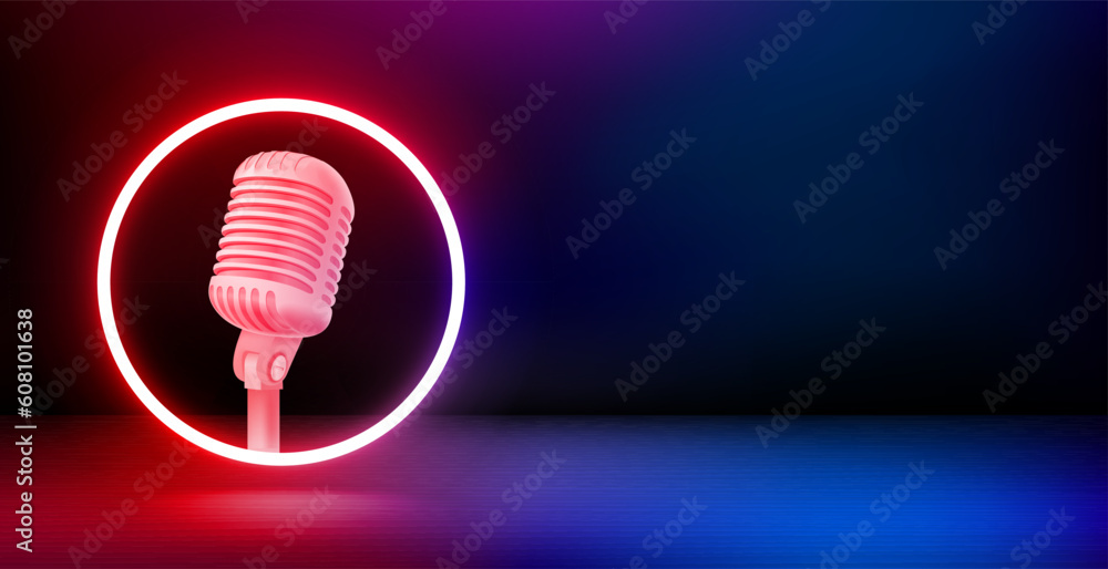 Poster Product showcase and shining neon frame with microphone. 3d vector banner with copy space