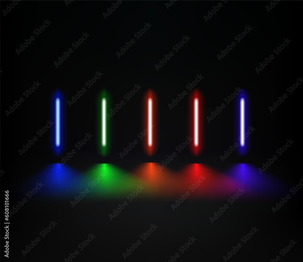 Poster abstract studio with glowing vibrant neon lights. 3d vector illustration