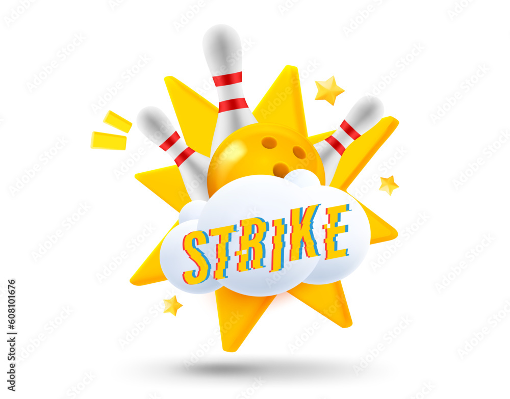 Poster cloud with bowling skittles and explosion effect. 3d vector illustration. strike concept