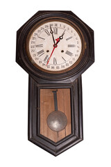 An antique old wall clock is stained and scratched