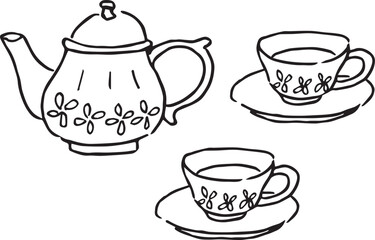 ティーポットとティーカップ（紅茶セット）のイラスト
