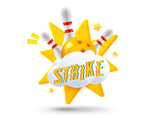 Cloud with bowling skittles and explosion effect. 3d vector illustration. Strike concept