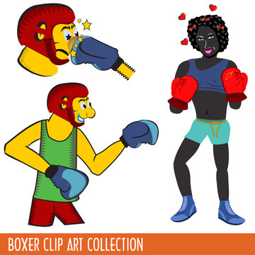 Three clip art illustrations of boxers. Two are male and one female boxer.