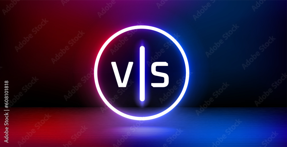 Aufkleber Showcase and shining neon frame and versus sign. 3d vector banner with copy space
