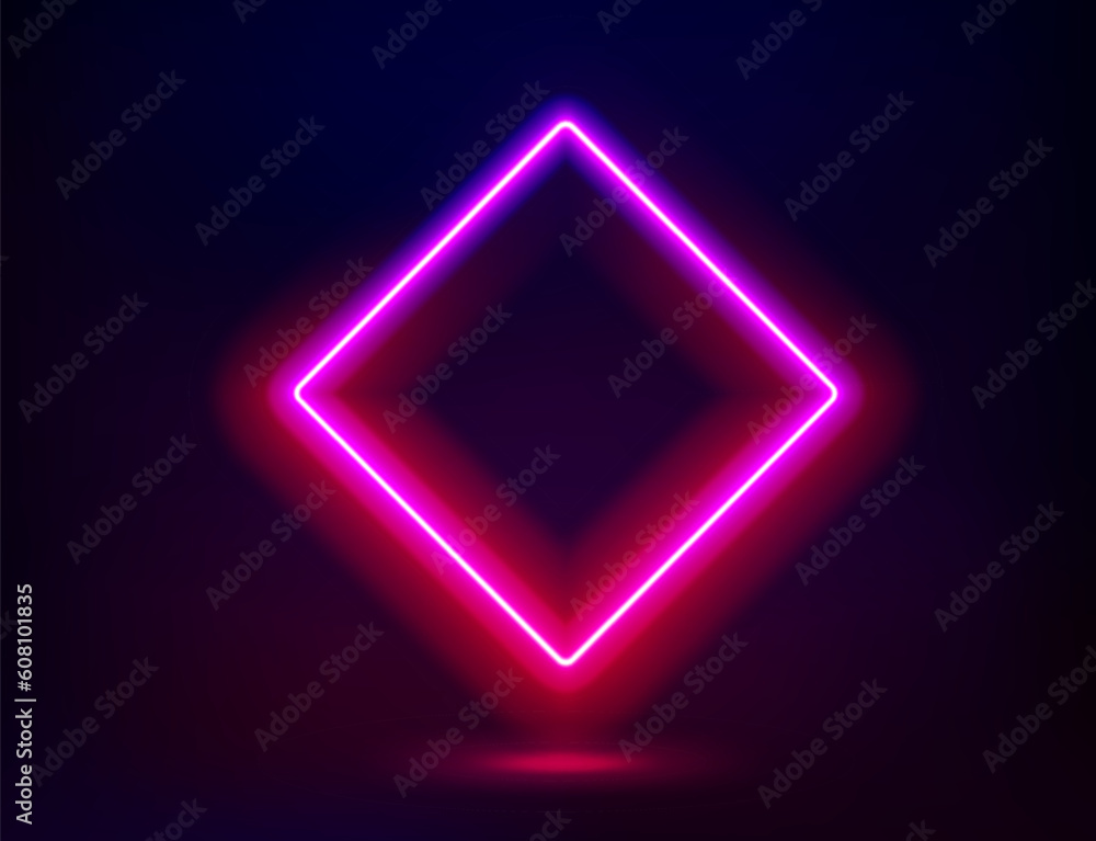 Poster abstract studio with glowing rhombus frame of neon light. 3d vector illustration