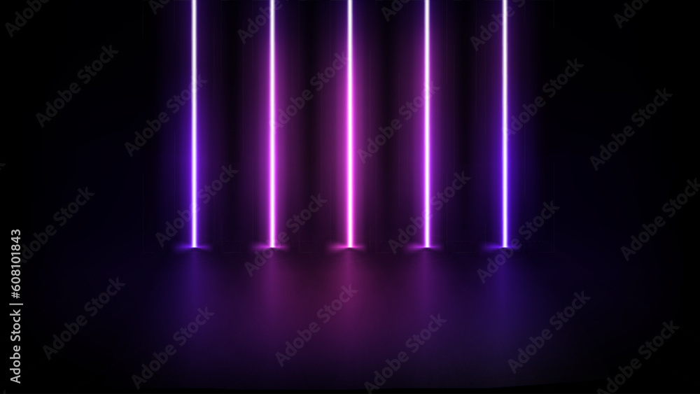 Poster abstract studio with glowing violet neon lights. 3d vector illustration