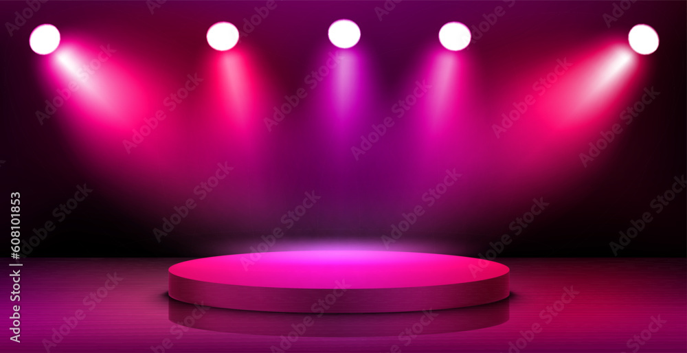 Sticker empty interior with stage and shining projectors. 3d vector illustration