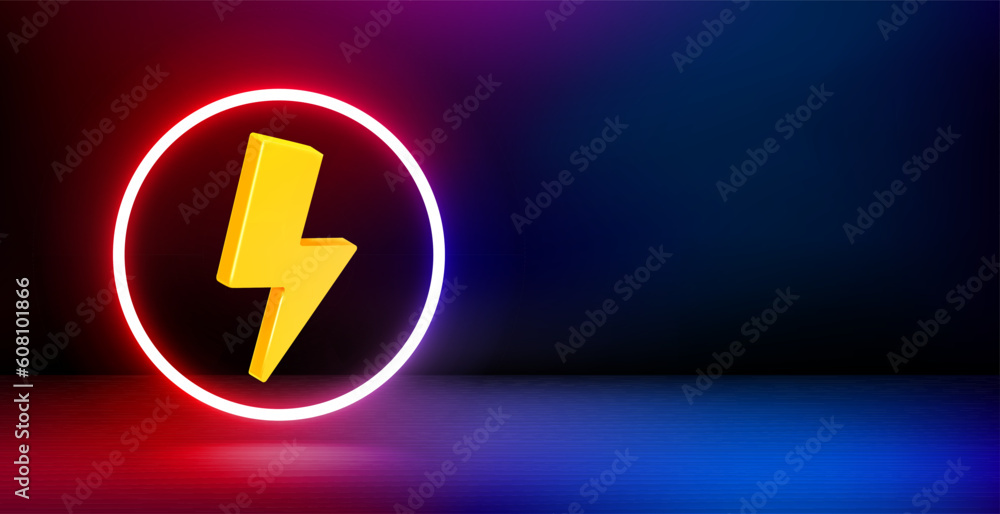 Poster Product showcase and shining neon frame with thunderbolt sign. 3d vector banner with copy space