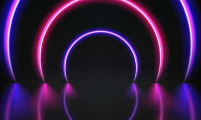 Abstract studio with glowing vibrant neon light. 3d vector illustration