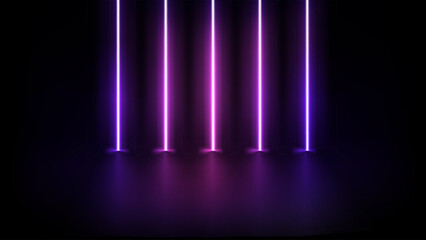 Abstract studio with glowing violet neon lights. 3d vector illustration