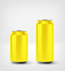 Yellow aluminium cans mockup isolated on white background. 3d vector illustration