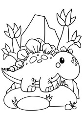 coloring page dinosaur stegosaurus for children kids only outline lineart black and white cute adorable kawaii
