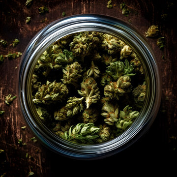 Cannabis buds in a glass jar on wooden background. Top view.