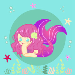 Cute baby mermaid, pink hair, with seashells and seastar. Vector illustration, editable