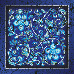 abstract background with cracked floral ornament on blue