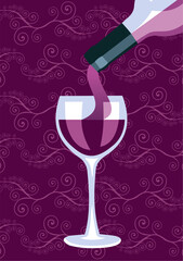 Restaurant icon. Wine bottle serving a glass silhouettes on purple background. Vector available.