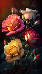 Multicolored garden rose flowers