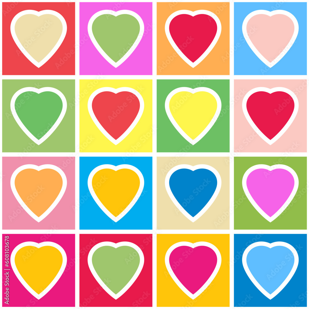 Poster valentine's day abstract background with multicolor hearts on grid. seamless pattern. vector illustr