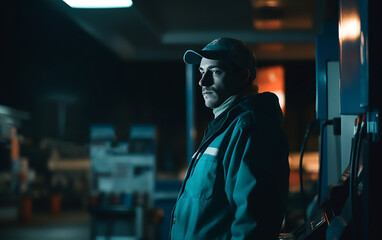 Obraz premium Gas station worker at night shift. Generative AI technology.