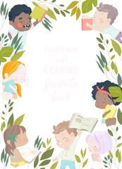 Cute Frame composed of Children reading Books. Vector Illustration