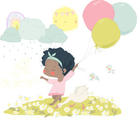 Happy Girl running on Meadow with Funny Goose. Vector Illustration