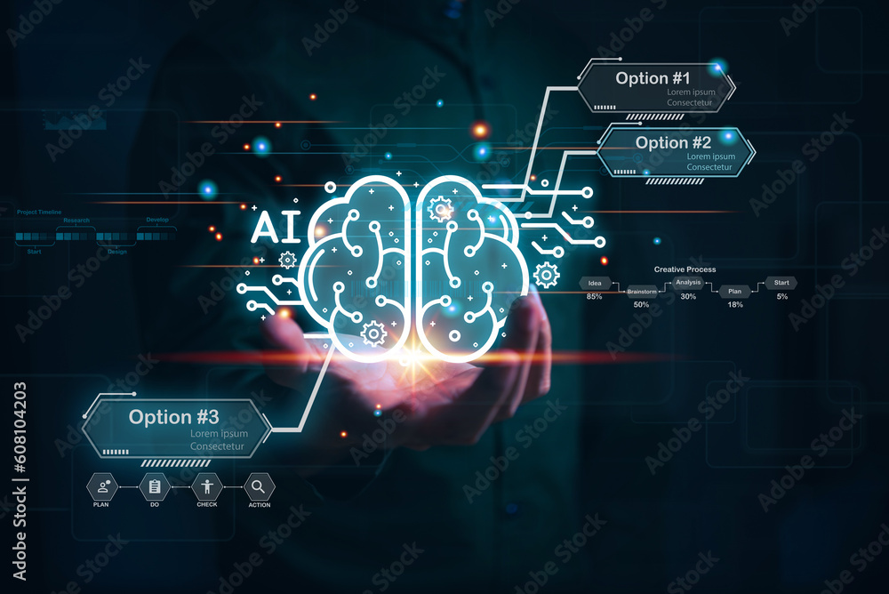 Aufkleber businessman holding hologram ai chat system virtual icon intelligence ai, chat with ai artificial in