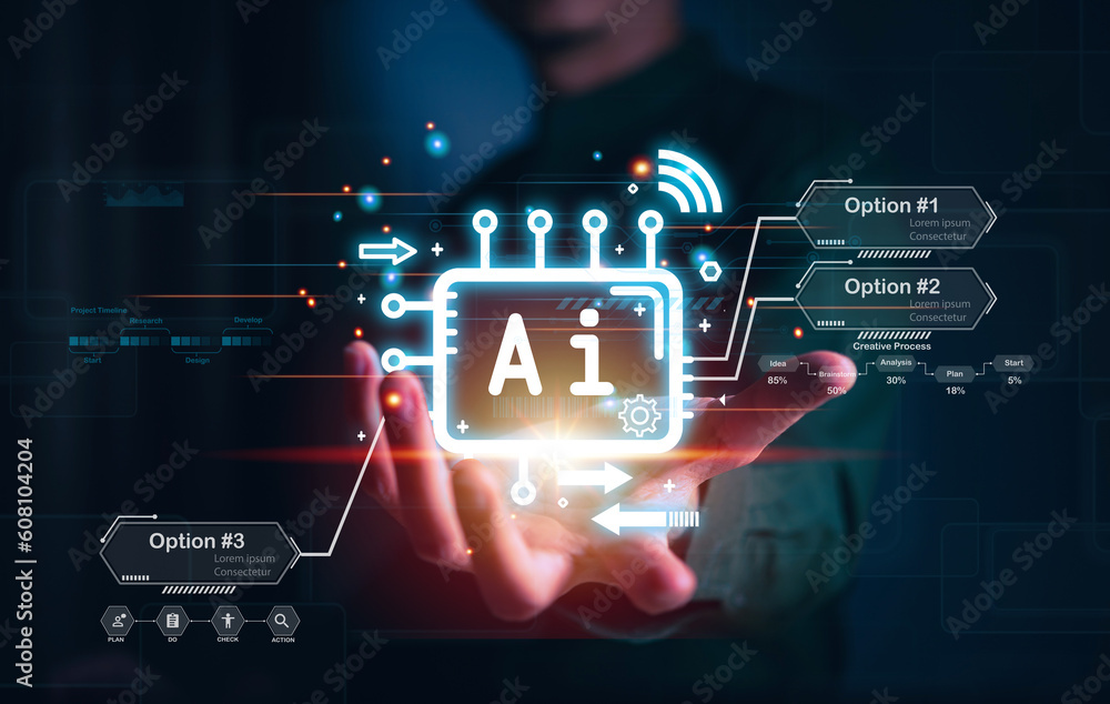 Aufkleber businessman holding hologram ai chat system virtual icon intelligence ai, chat with ai artificial in