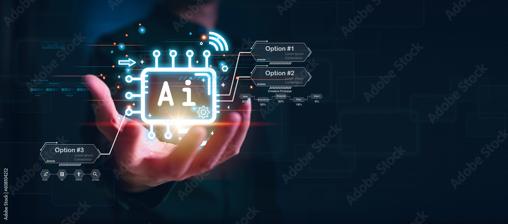 Aufkleber businessman holding hologram ai chat system virtual icon intelligence ai, chat with ai artificial in