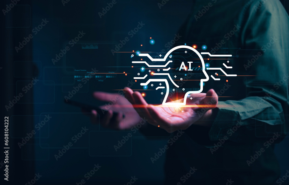 Aufkleber businessman holding hologram ai chat system virtual icon intelligence ai, chat with ai artificial in