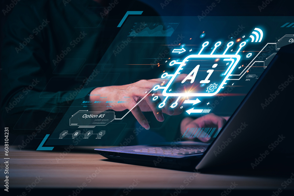 Aufkleber businessman touching hologram ai chat system virtual icon intelligence ai, chat with ai artificial i