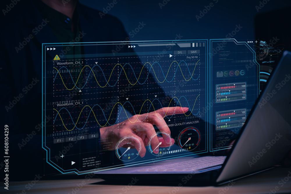 Poster businessman touching hologram ai chat system virtual icon intelligence ai, chat with ai artificial i