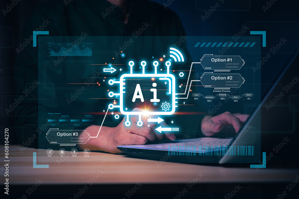 Aufkleber businessman touching hologram ai chat system virtual icon intelligence ai, chat with ai artificial i