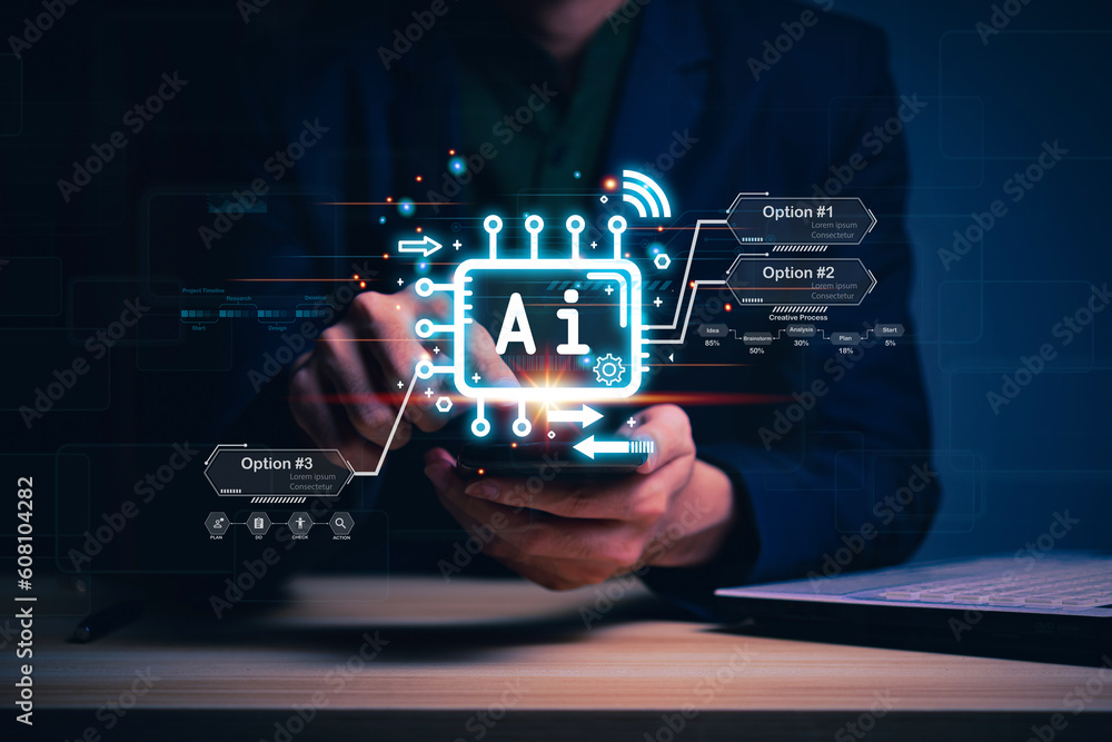 Aufkleber businessman holding hologram ai chat system virtual icon using on smartphone intelligence ai, chat w