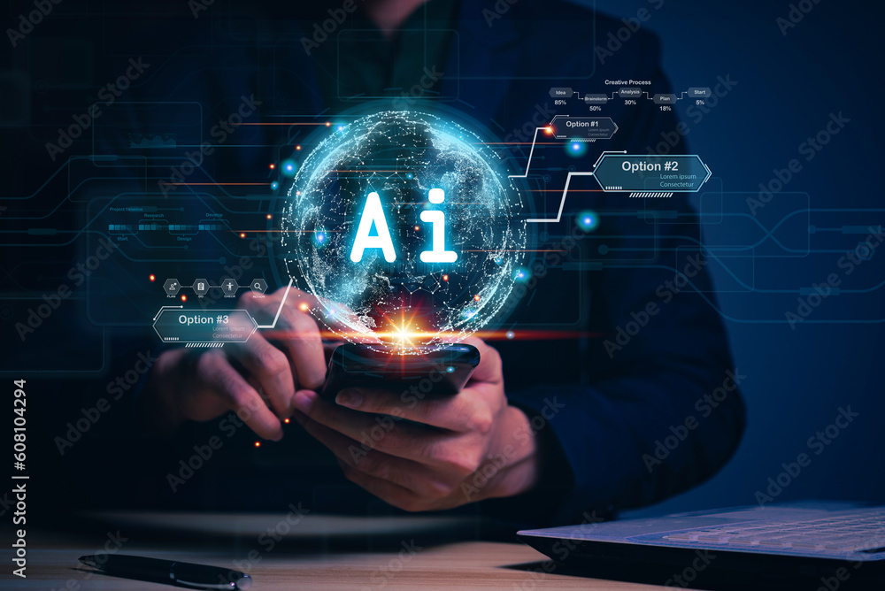 Aufkleber businessman holding hologram ai chat system virtual icon using on smartphone intelligence ai, chat w
