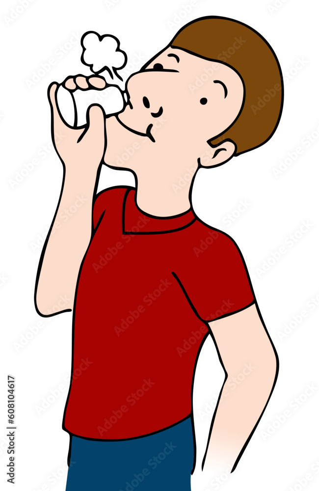 Poster an image of a man using nose spray.
