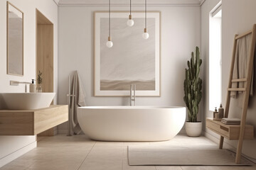 Enter a world of luxury and comfort in a beautifully designed bathroom with a spacious tub and an elegant sink. Perfect for unwinding after a long day. AI Generative
