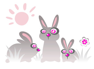 Cartoon Easter rabbits and sun on a white background.