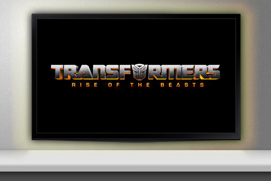 Transformers Rise of the Beasts movie on TV screen. Moscow, Russia - May, 2023.
