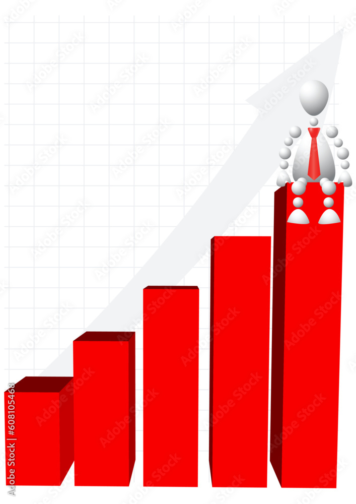 Poster man sits on top of red diagram. abstract 3d-human series from balls. variant of white isolated on wh