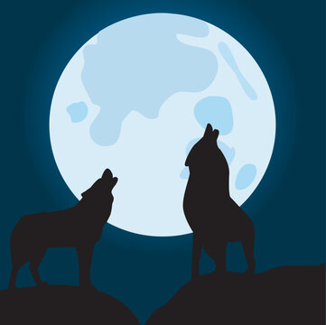 vector illustration of wolves howling at the moon