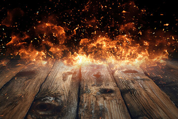 Aged wooden floor background surrounded by flame and bright fire sparks. Product presentation template. Generative art