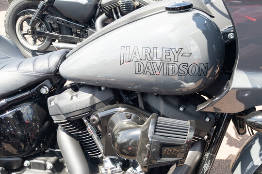 harley davidson brand logo and sign text on grey silver new petrol tank of american custom modern Motorcycle