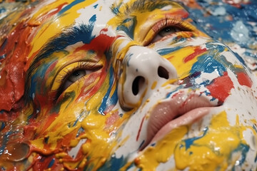 Obraz premium Abstract female face appears from the puddle of colorful paint. Generative art, is not based on any specific image or character