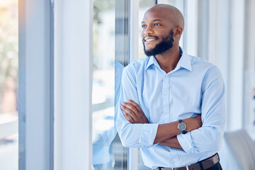 Black man in business, arms crossed and thinking, professional mindset and mission with view out the window. Career success, vision and happy male person with corporate future and company growth - obrazy, fototapety, plakaty