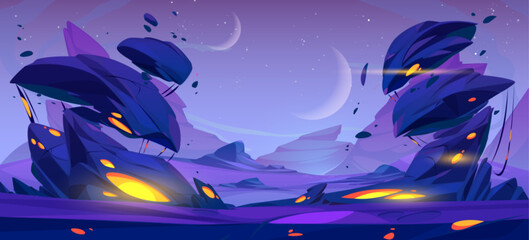 Alien space planet cartoon landscape background. Mars desert game cartoon vector illustration with rock, purple ground and moon in sky. Futuristic martian surface outer cosmos scene with glow scenery