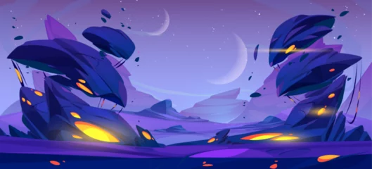 Poster Im Rahmen Alien space planet cartoon landscape background. Mars desert game cartoon vector illustration with rock, purple ground and moon in sky. Futuristic martian surface outer cosmos scene with glow scenery © klyaksun