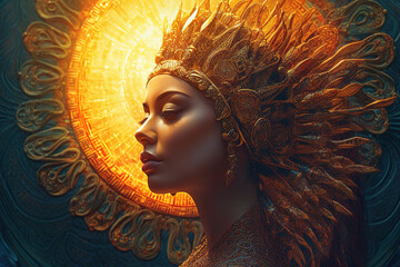 The Sun. Fantasy style portrait of goddess of the light. Sun queen. Generative art