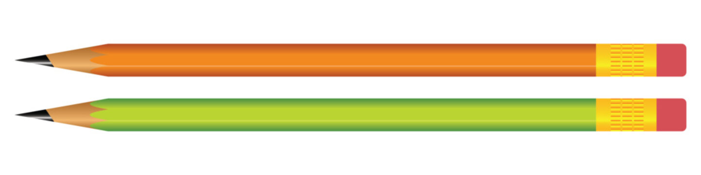 Realistic led pencil sharpened with a red rubber ban in orange and green color isolated on transparent. 